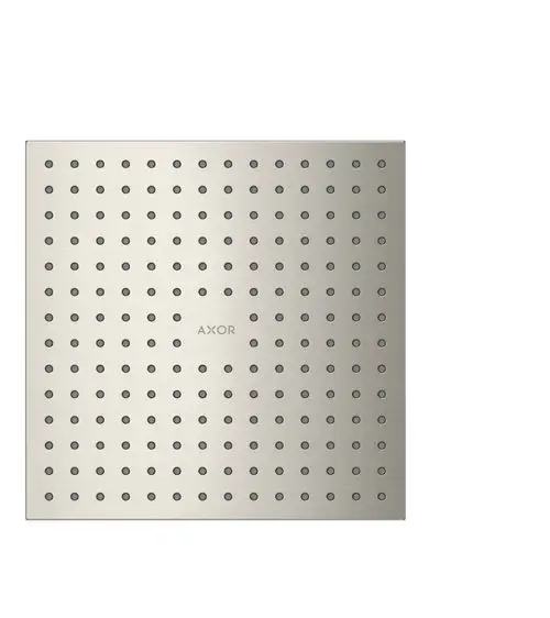 Edelstahl-Duschkopf mit gleichmäßiger Lochanordnung. Die Marke AXOR ist sichtbar auf der Oberfläche. Gehäuse in moderner Optik.